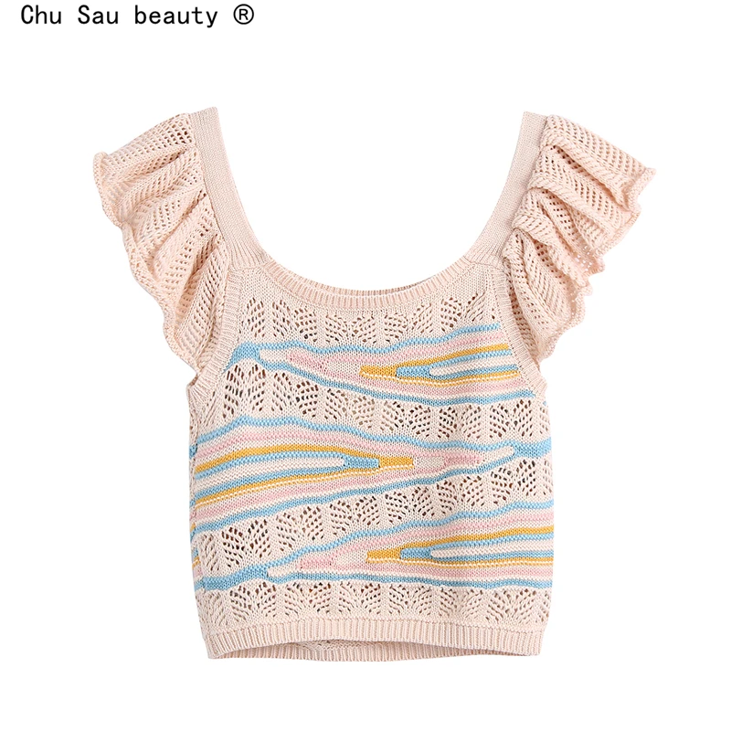 

Женский жаккардовый топ в полоску, повседневный облегающий топ с круглым вырезом и ажурными складками, лето 2021