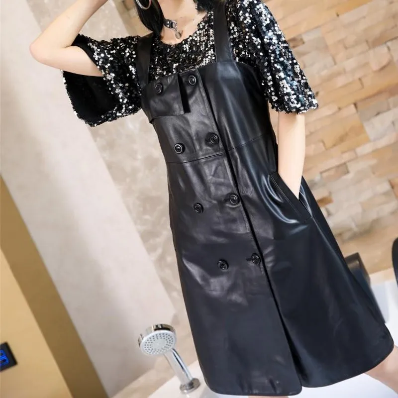 

Новое модное женское черное платье из натуральной кожи, с карманами, двубортное, из овечьей кожи, без рукавов, до колена, элегантное платье