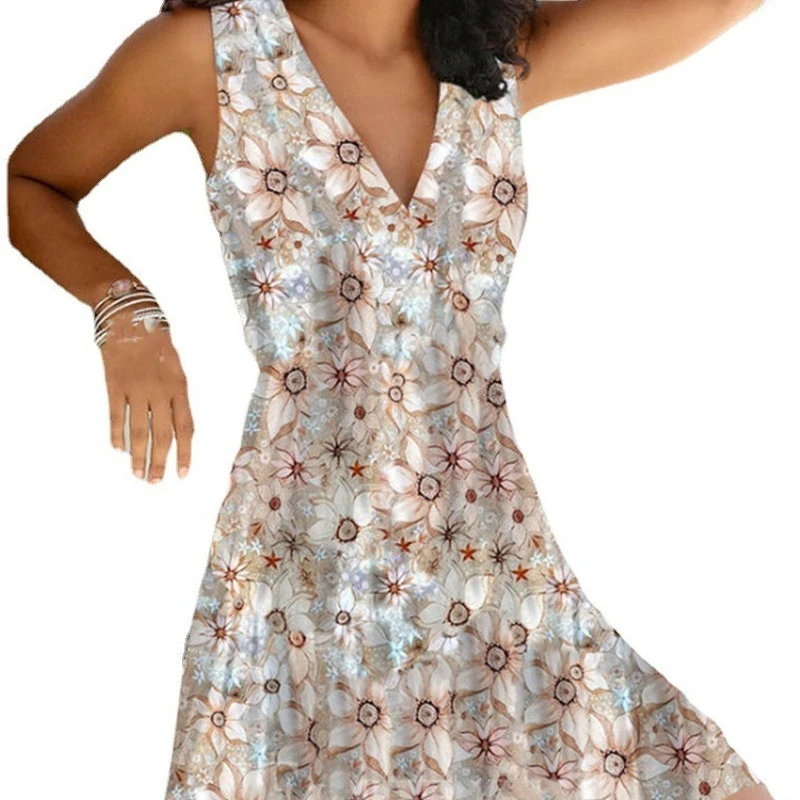 

2021 Summer Women's Clothes New Deep V-neck Printed Sleeveless Dresses Streetwear Casual Loose Dresses Plus Size Floral Dress