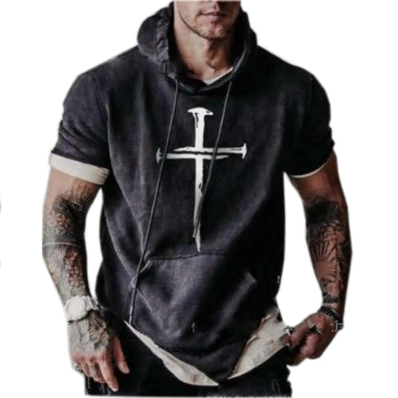 

2021 летние мужские футболки больших размеров с коротким рукавом и капюшоном Иисус христианский крест печати футболки Новое поступление; Мод...