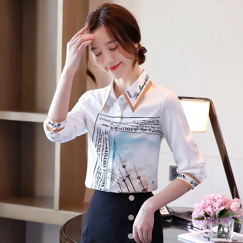 

Chiffon Women's Blouse Polo Girl's Shirt Autumn Fashion Long Sleeve Top Korean Casual Silk Clothing Print Lady Blusas Houthion