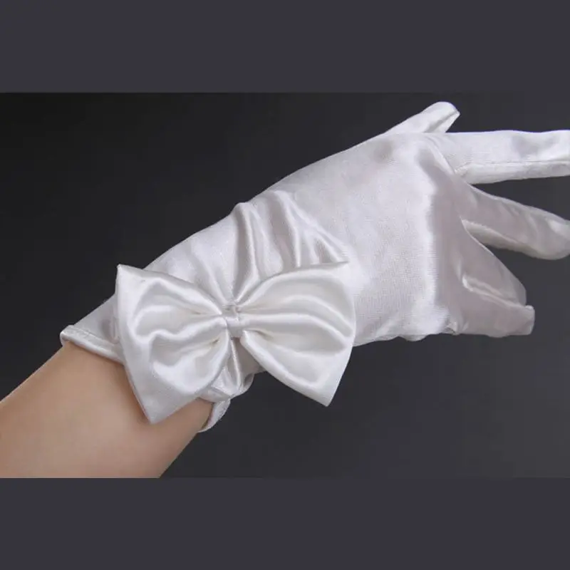 

Women Satin Solid Color Short Wedding Gloves Bowknot Oblique Cuff Bridal Mittens