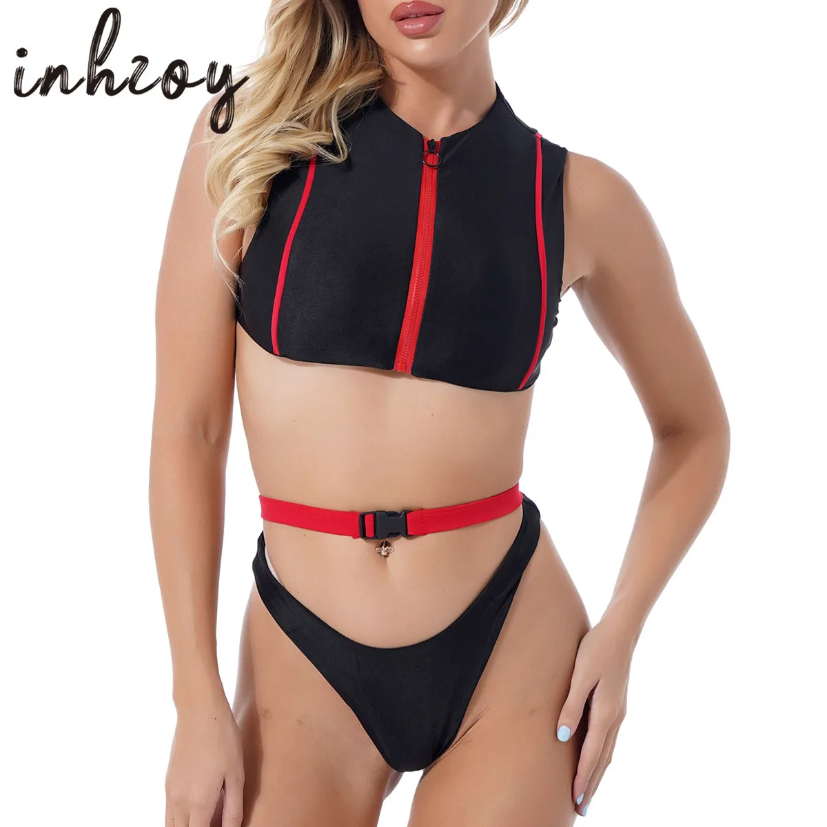 

Low Waisted Swimsuit for Women Sports Bikini Set High Cut 2 Piece Bathing Suit Zip Front
