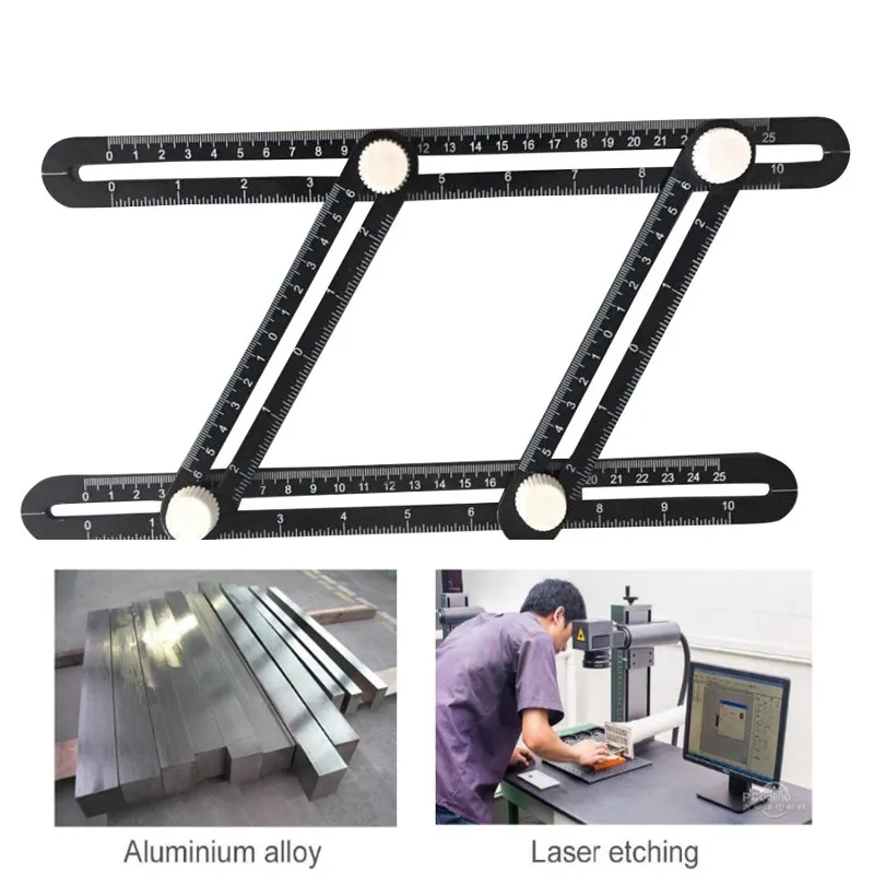 Black Aluminum Alloy Four-Sided Ruler Measuring Instrument Template Angle Tool Mechanism Slides ruler protractor general tools
