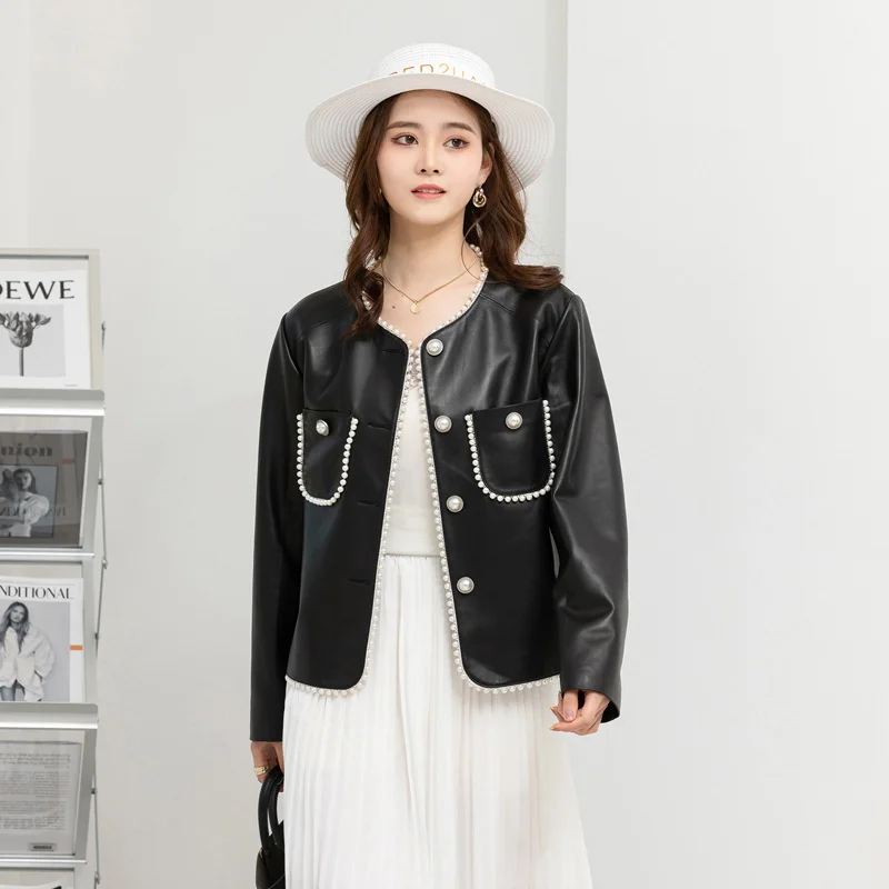 

Haining autumn and winter Korean round neck small leather jacket short small Xiangfeng Jacket Women's 2021 sheep leather jacket
