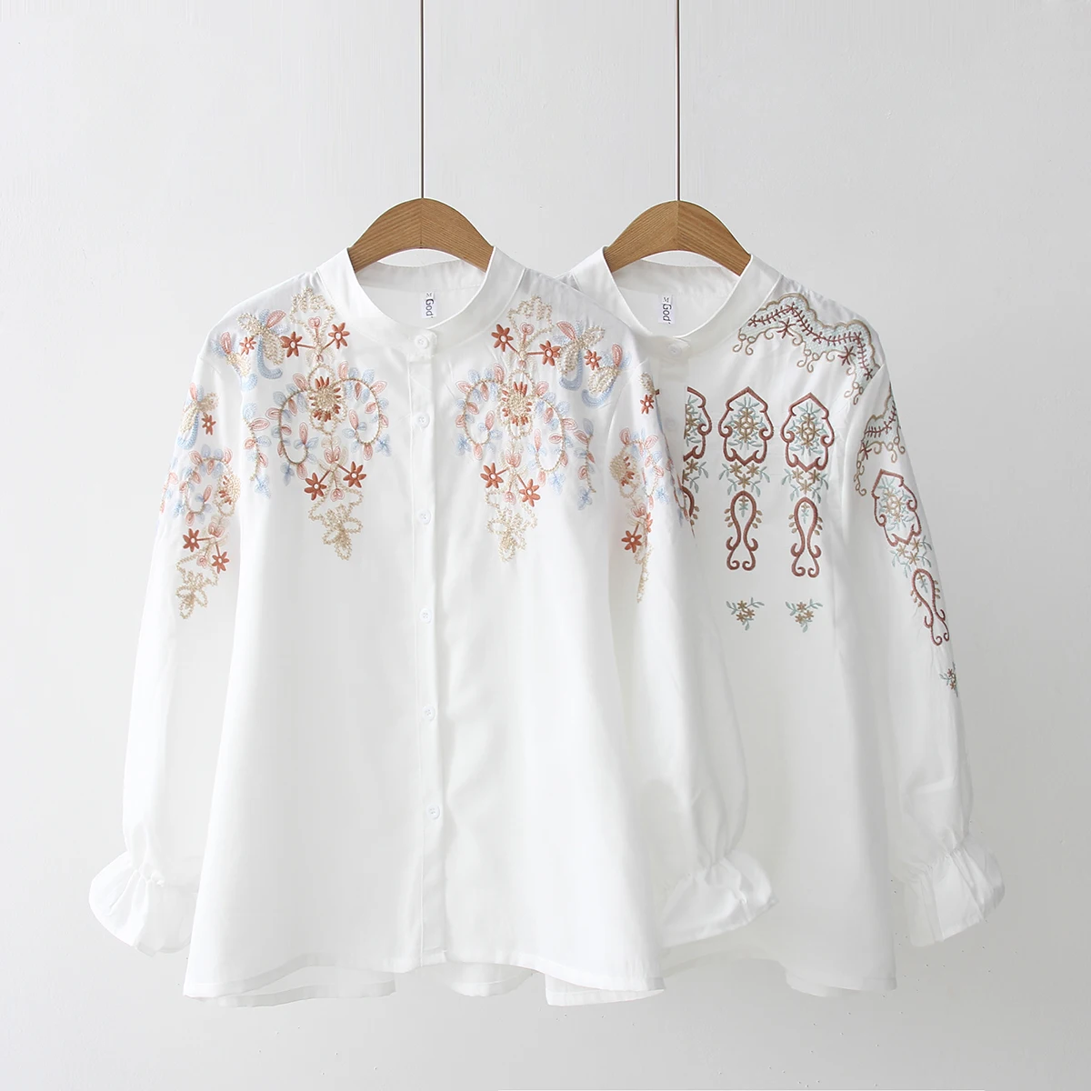 Женские хлопковые топы с длинным рукавом белые рубашки цветочной вышивкой