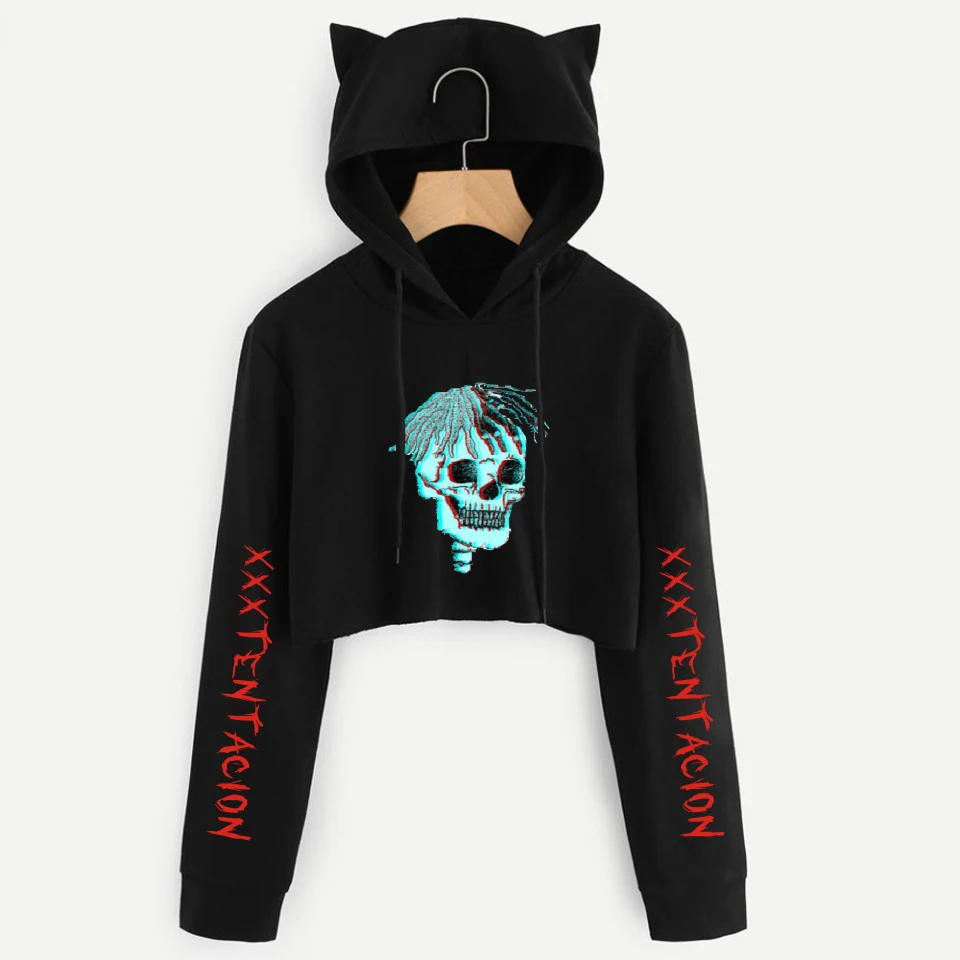 

Drop ship xxxtentacion crop top hoodies Harajuku Short Sweatshirt Long Sleeve Cropped Ladies Sexy Navel Cat Ear Hoodie