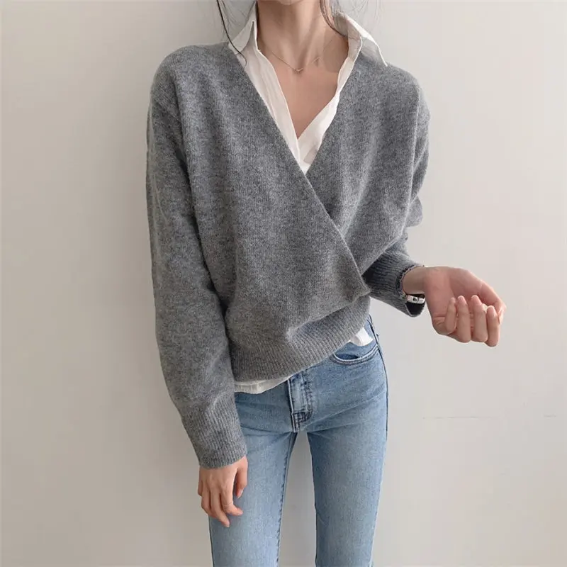 Женский однотонный вязаный джемпер HziriP свободный элегантный Однотонный свитер с