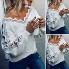 Женские свитера с открытыми плечами, кружевные топы с V-образным вырезом, Женский Повседневный свободный свитер, теплый осенне-зимний пуловер