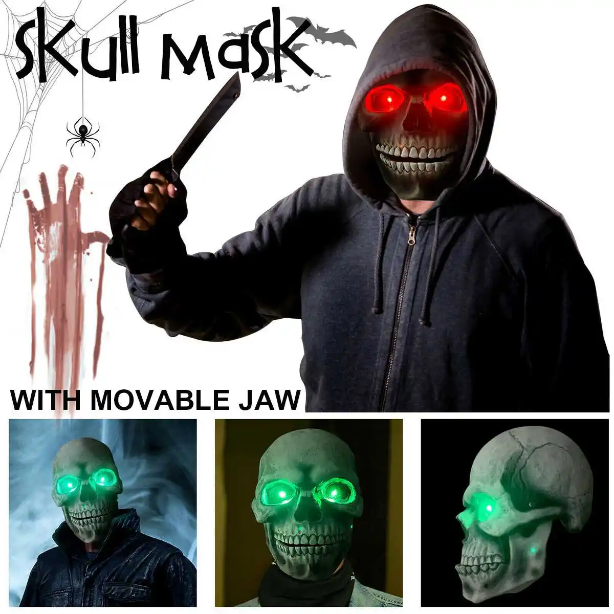 

Glow Eyes Realistic Skull Mask Movable Jaw Halloween Party Tricky Prank Full Head Helmet Props Glow Fake Skeleton Halloween Gift