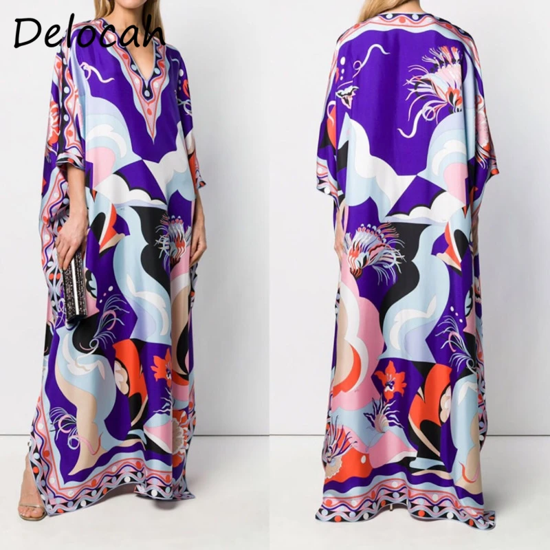 

Delocah летнее женское модное дизайнерское Свободное длинное платье с v-образным вырезом, винтажное вечерние с принтом, повседневные размера плюс, вязаные Макси платья