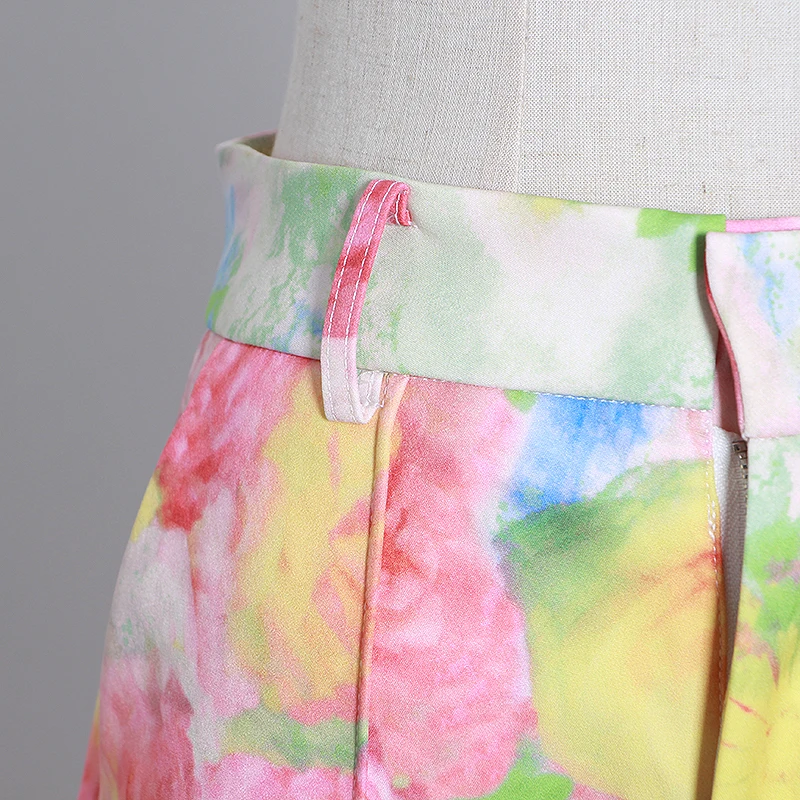 

VGH Print Hit Color Short For Femlae High Waist Loose Ruched Women's Wide Leg Straight Shorts Fashion Streetwear Tide 2021