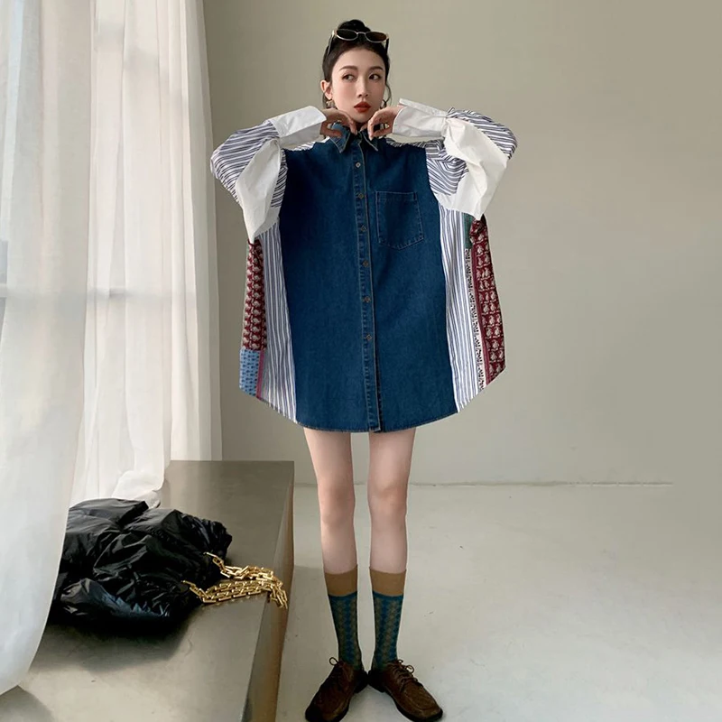 

CHICEVER Patchwork Denim Shirts For Women Lapel Long Sleeve Hit Color Striped Oversized High Street Blouses Female 2021 Clothing