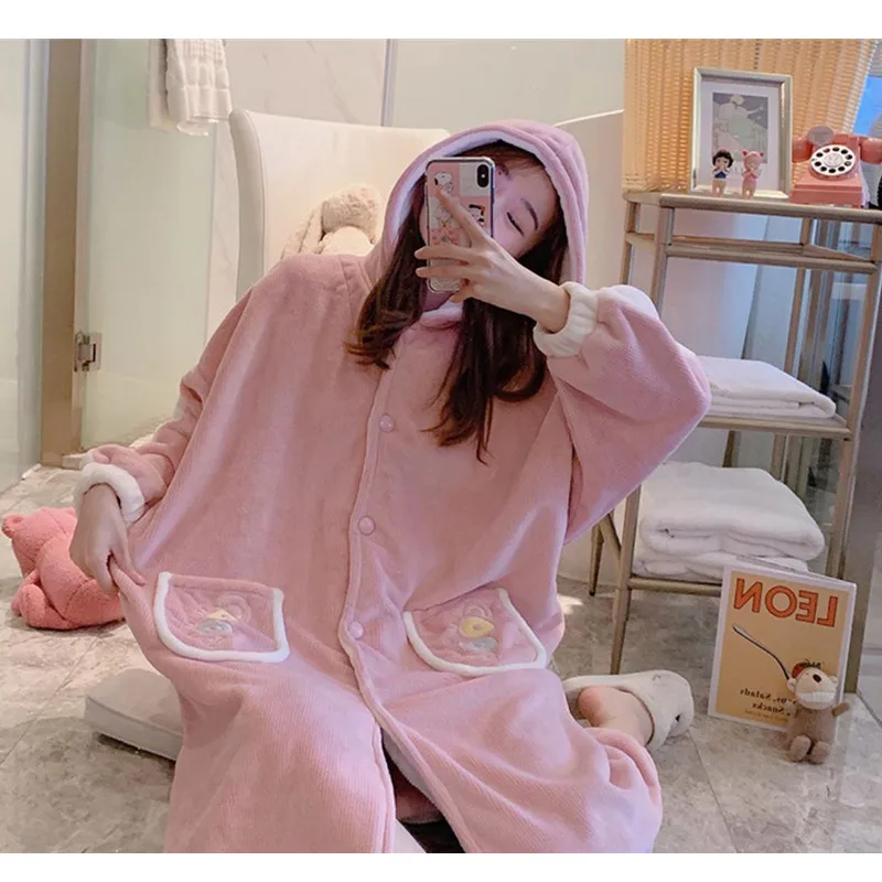 

Women Homerobe Pajama Set Winter Soft Warm Nightsuit With Hoody Kimon Outwear INS Coral Velvet Pijama Harajuku Leisure Pyjama