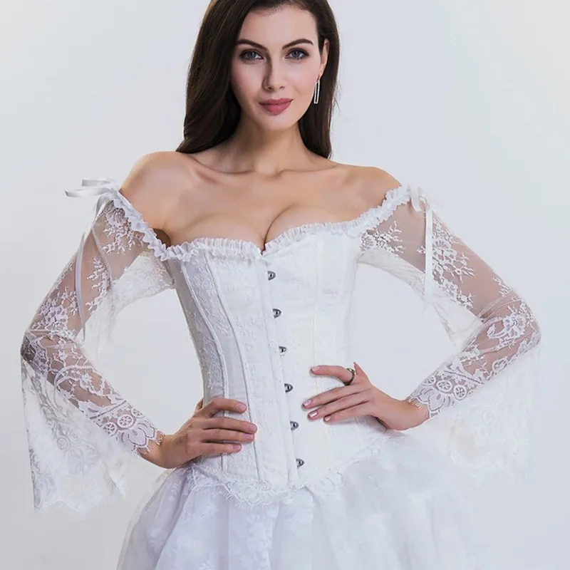 

Steampunk Corset Bustier Gothic Corselet Sexy Long Sleeve Lace Corselet Lace Up Bustiers Corset White Corset for Party Wedding