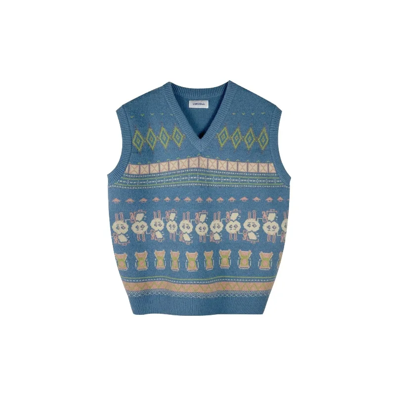 

Autumn Winter Korean Style Sleeveless Vest Sweater Short Fashion Female Pullover Retro Pattern Loose V Neck Knitted Sweater Vest