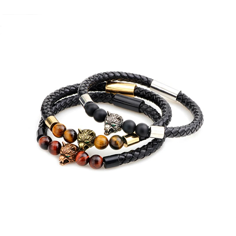 Элегантный браслет из бисера с головой волка 8 мм натуральный камень тигровый