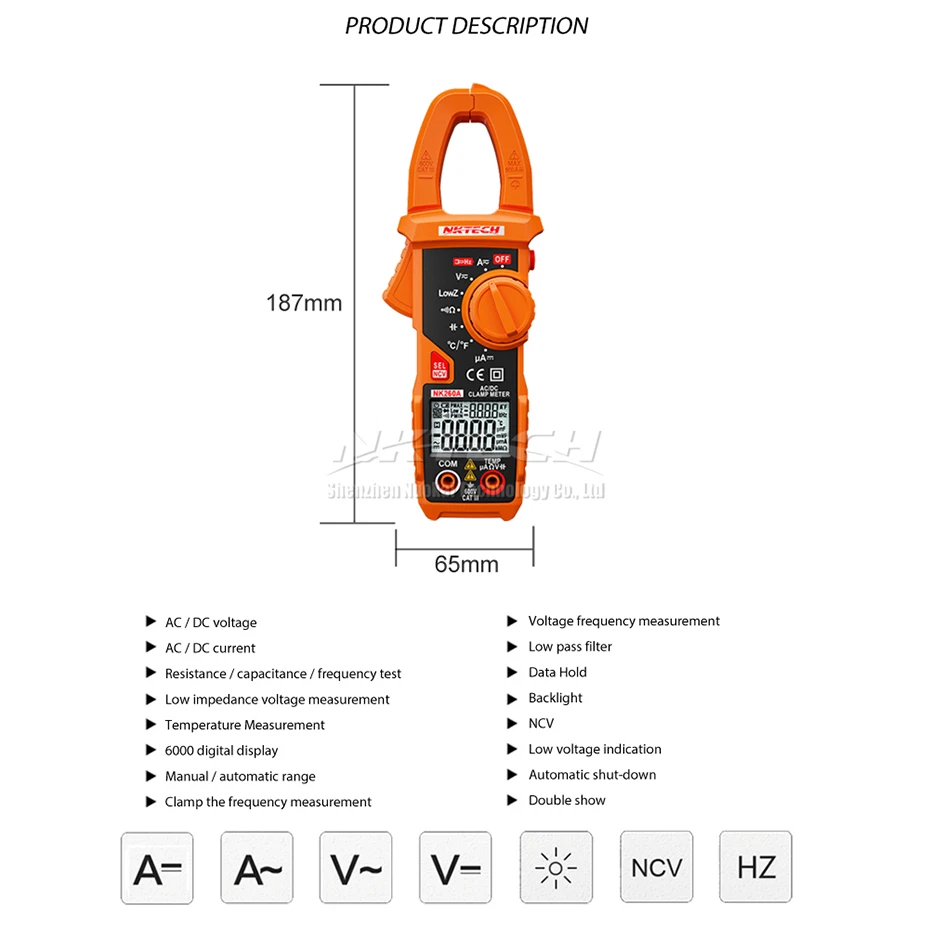 NKTECH NK260A цифровой клещи температура AC DC Вольт Ампер Ом Емкость Частота автоматическое распознавание V/Ом/A Тест NCV LowZ LPF