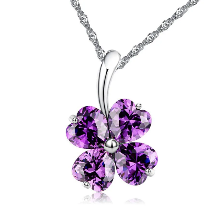 

Luxury Fashion 925 Stamp Silver Leaf Clover Purple/Pink CZ Ziron Pendants Necklaces Women Wedding Jewelry