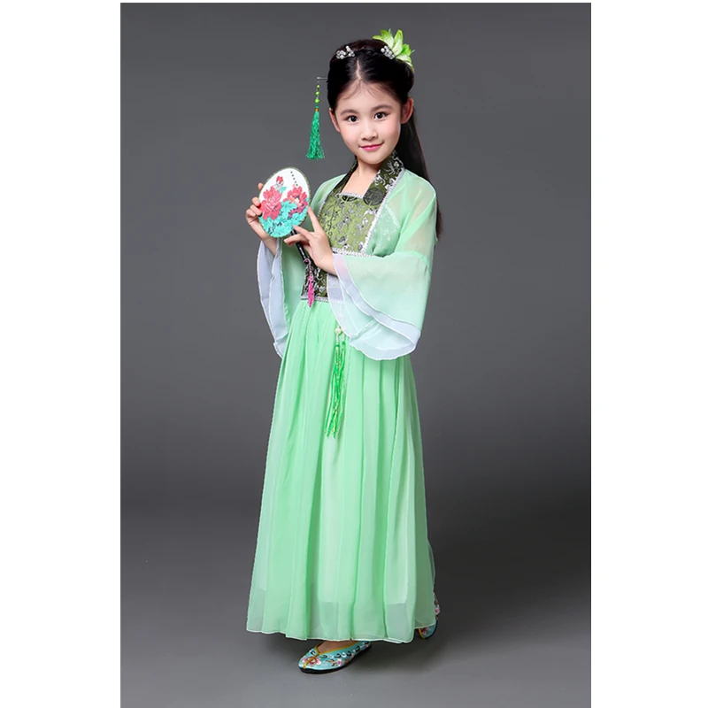 Hanfu древний китайский традиционный костюм для девочек, сценическое платье для танцев, Женский костюм феи в народном стиле, костюм Танга для детей - Цвет: Green