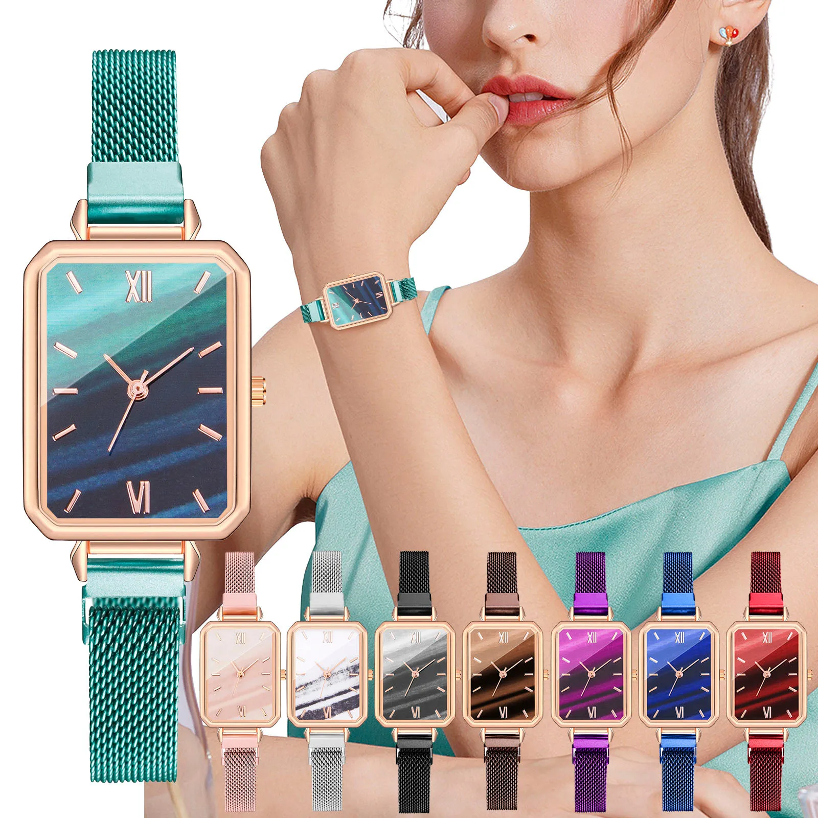 

Brand Watches woman Fashionable casual strap Square Ladies Quartz Watch Bracelet Set Green Dial Simple Luxury Women Watches