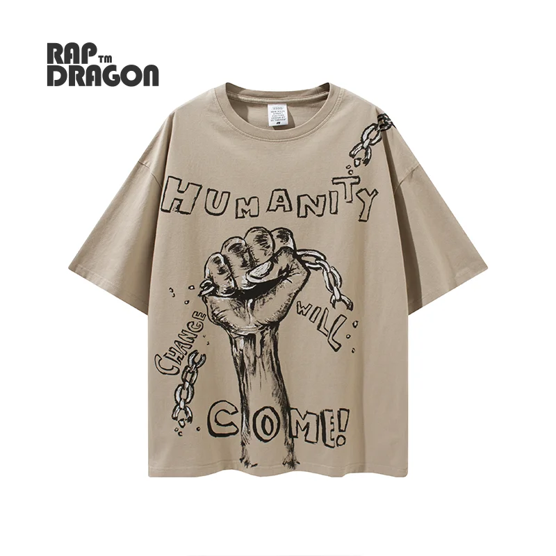 

Harajuku Hip Hop T-shirt Streetwear Digital Print High Street Vintage Fashion Men's Clothing Cotton Letter Fist Round Neck Top