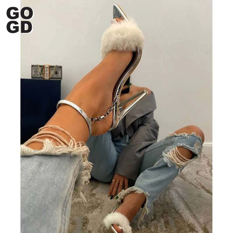 

[GOGD] Fashion Sandals Women Summer New Thick Heel Gentle Fairy Hairy High Heels Sandals Outdoor Party Solid Women'S Footwear