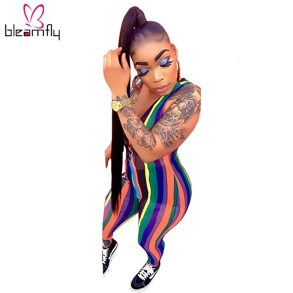 Женский Летний комбинезон в радужную полоску со шнуровкой и v образным вырезом