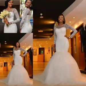 Nigeria New Mermaid Wedding Dresses Jewel Neck Long Sleeves Crystal Beaded Pearls Sweep Train Custom Formal Bridal Gowns 2022