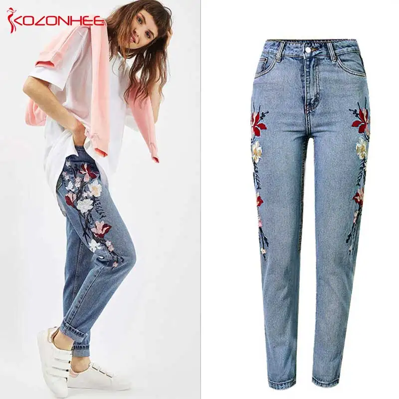 Женские джинсы с объемной вышивкой английские высокой талией размера плюс