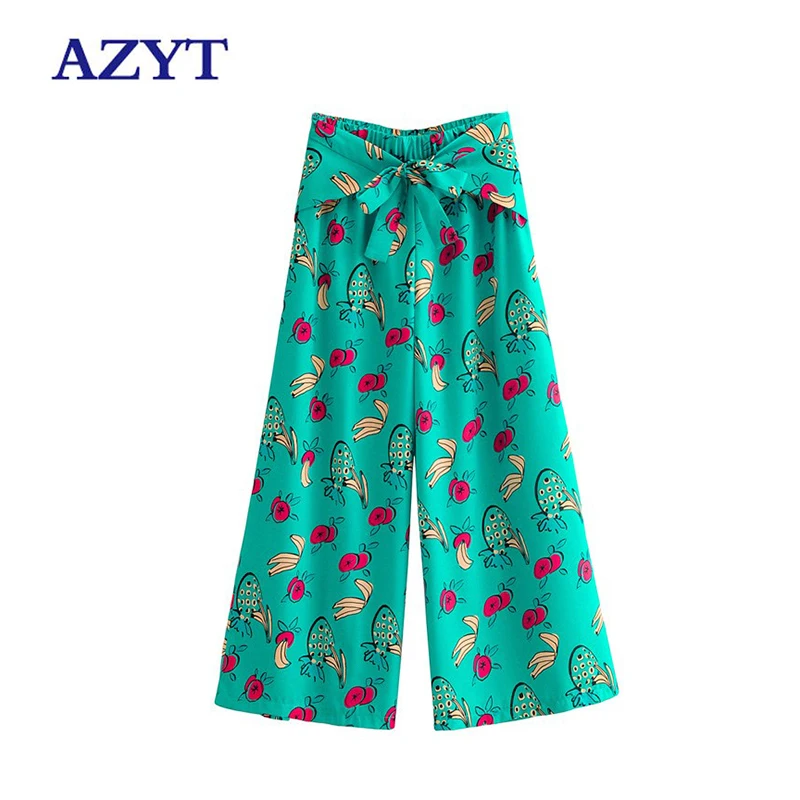 

AZYT Fruit Print Wide Leg Pants Women Elastic Loose boho Casual Pants Trousers 2021 Autumn High Waist Pants Female