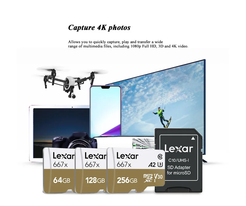 Lexar 64GB карта Micro SD карта 128 ГБ 256 667x слот для карт памяти 100 МБ/с. C10 TF карта флэш-накопитель для смартфона