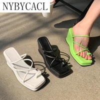 nybycacl 2021 new summer women slipper summer outdoor narrow band sandal shoes ladies high wedges heel slides flip flop mujer