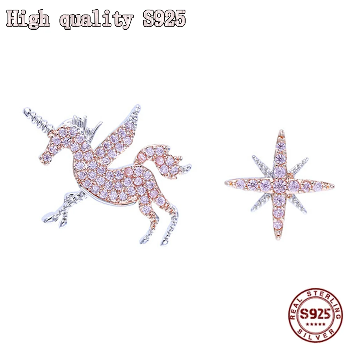 

Fashion Jewelry, High Quality 925 Silver Needle, Exquisite Unicorn Star Moon Powder Zircon Asymmetric Fashion Female Earrings