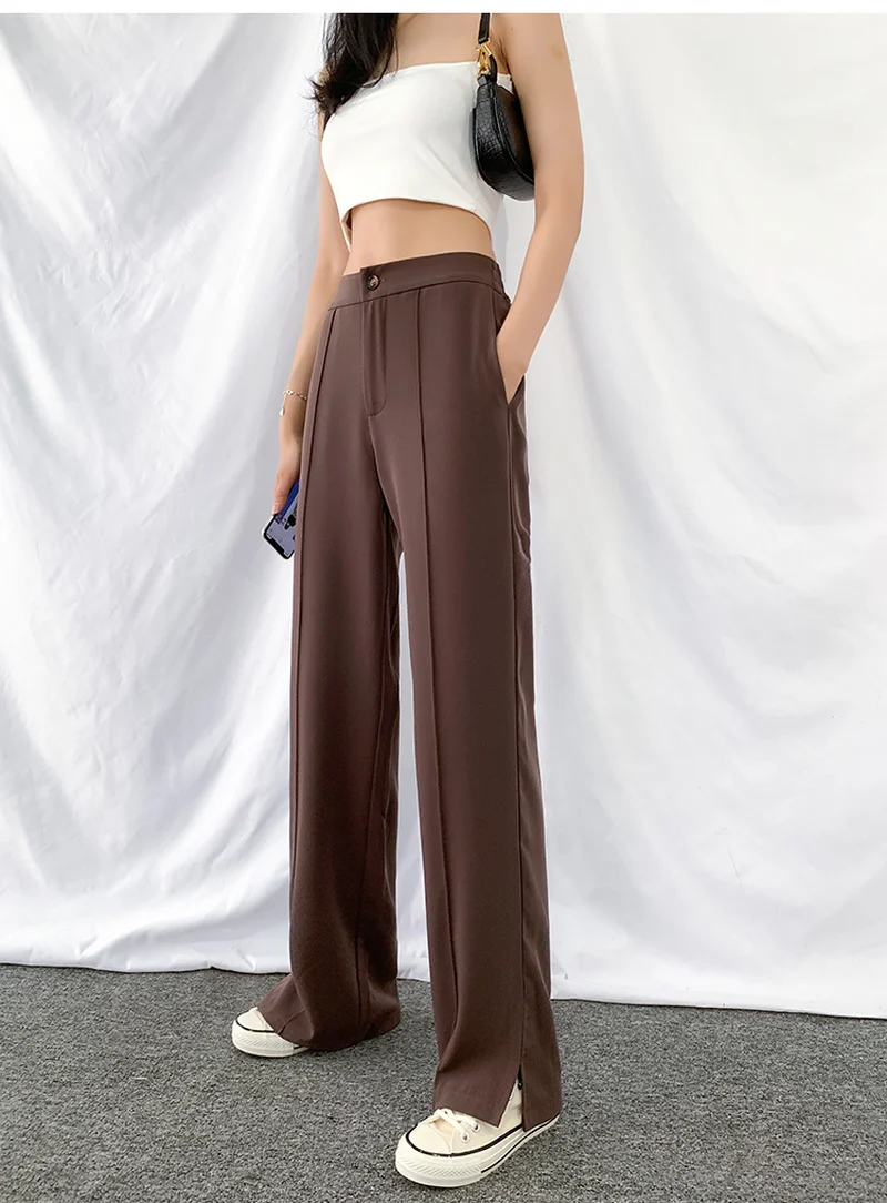 

5xL коричневый драпированный с широкими штанинами текстурный костюм для женщин весна-осень 2021 брюки с высокой талией и тонкие брюки