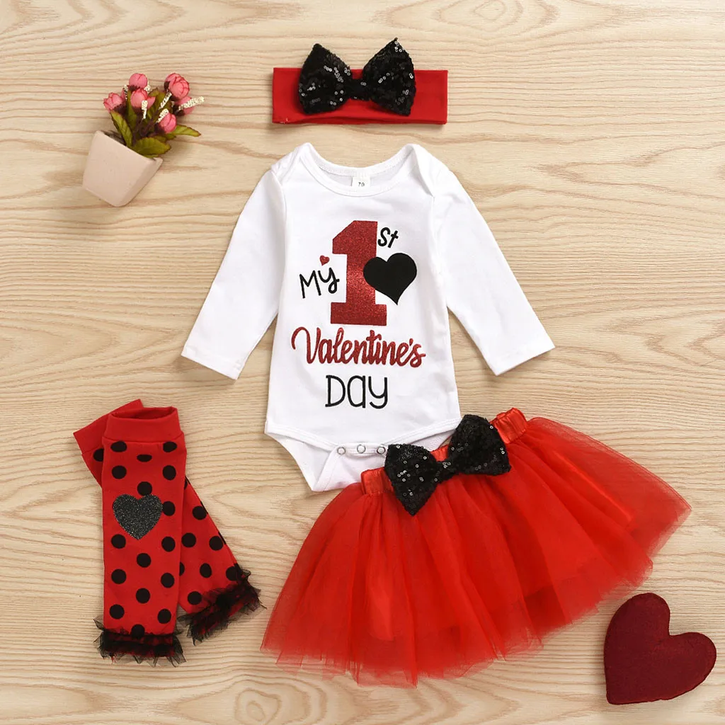

Baby Girl Sets Valentine's Day Outfits Romper Tutu Skirt Hairband Leg Warmer 4 Piece Infant Newborn Baby Girl Clothes Sets 2020