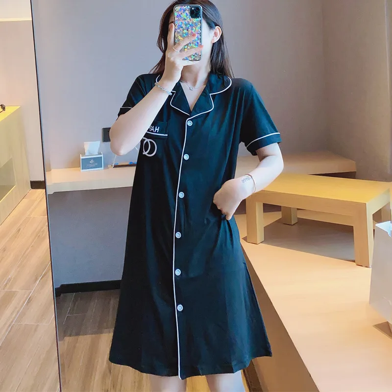 

Summer Casual Lapel Nightdress Women's Short-sleeved Thin Section Pure Color Simple Cardigan White Long Section Home Service