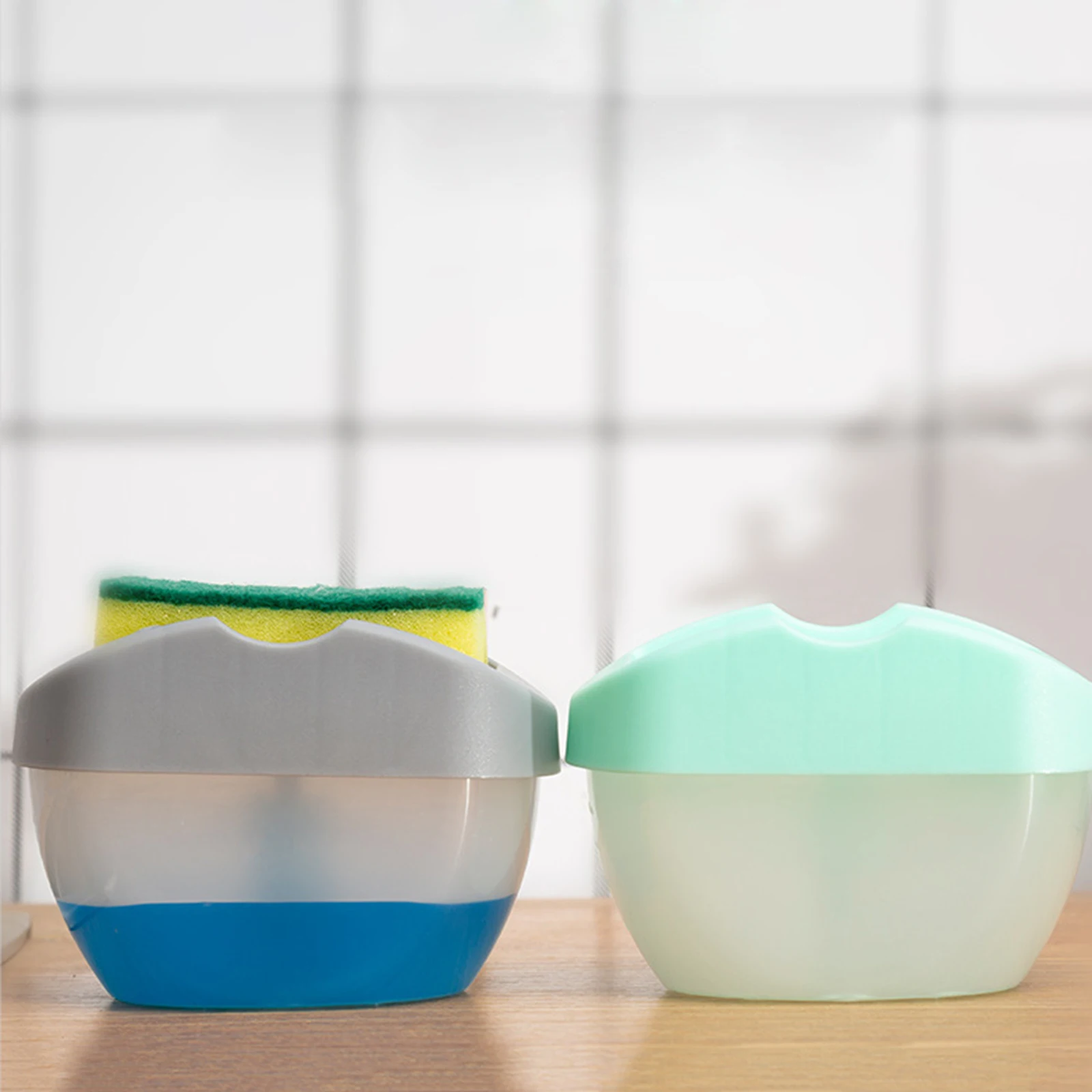 

2-in-1 Manual Press Liquid Soap Dispenser with Sponge Holder Cleaning Liquid Dispenser Container Soap Kitchen Cleaner Tool