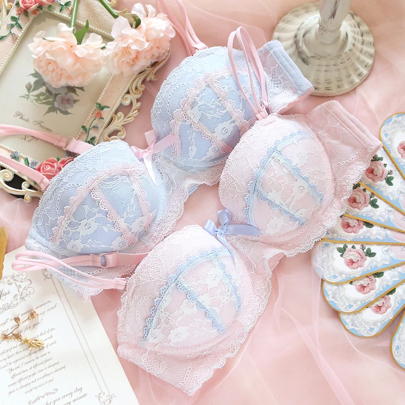 Dream Princess Fresh Sexy Lolita Cute Lace Trim Bow Bra & Brief Set Japanese Women's Push Up Underwire Underwear Suit Student