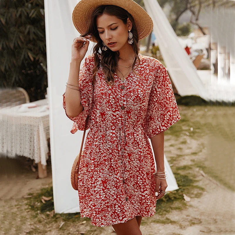 

Повседневные Цветочный принт женское платье в стиле бохо с V образным вырезом летнее платье с коротким рукавом; Для выходных; На вечерние пл...