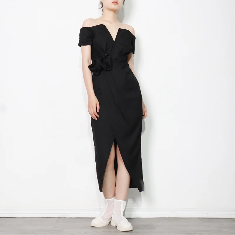 

Elegant Patchwork Black Dress For Women Slash Neck Short Sleeve High Waist Split Midi Dresses Female Summer Stylish