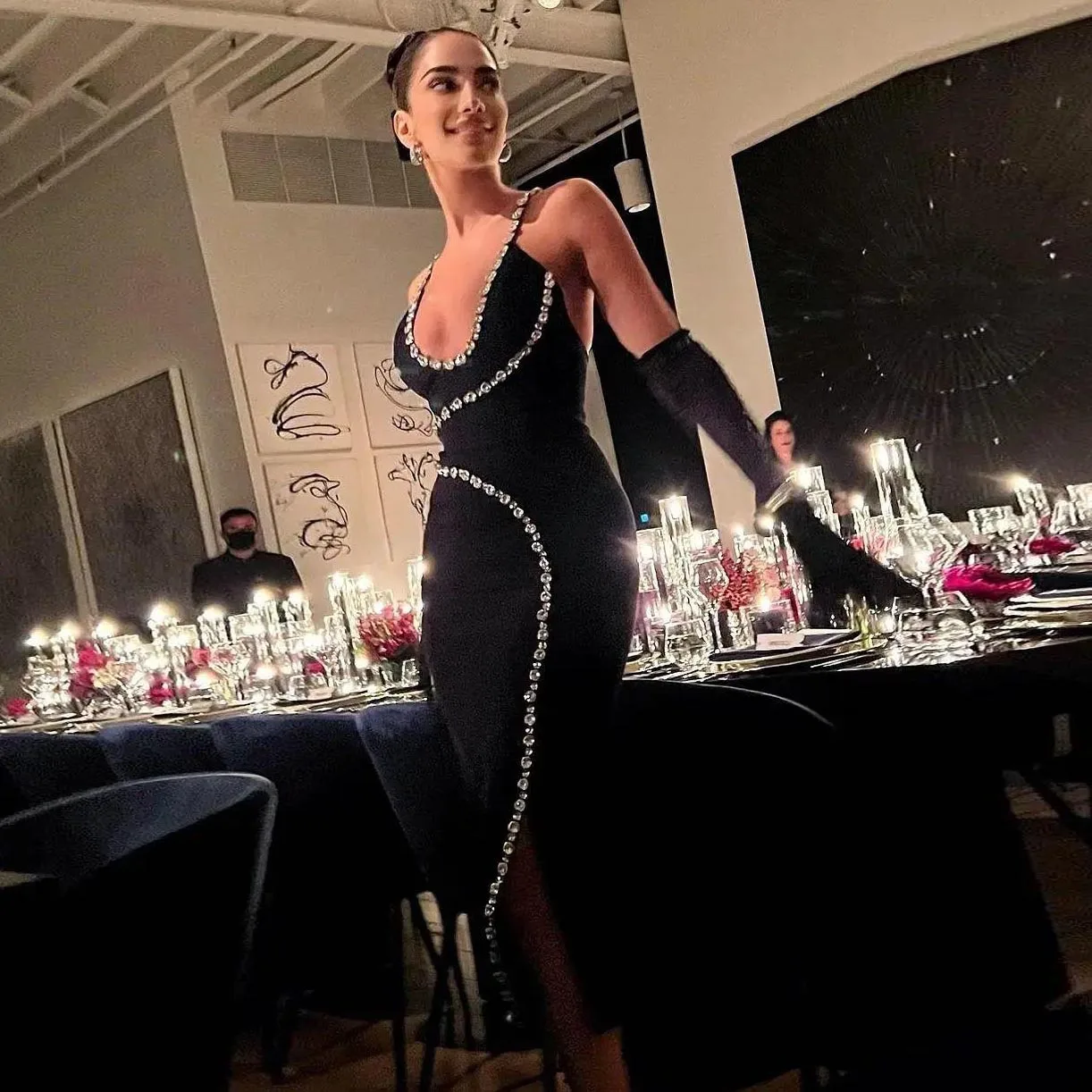 

Black Prom Dress Midi Long Satin Dress Crystals Beaded Dresses For Women Elegant Dresses For Women Bodycon Dress Ankle Length