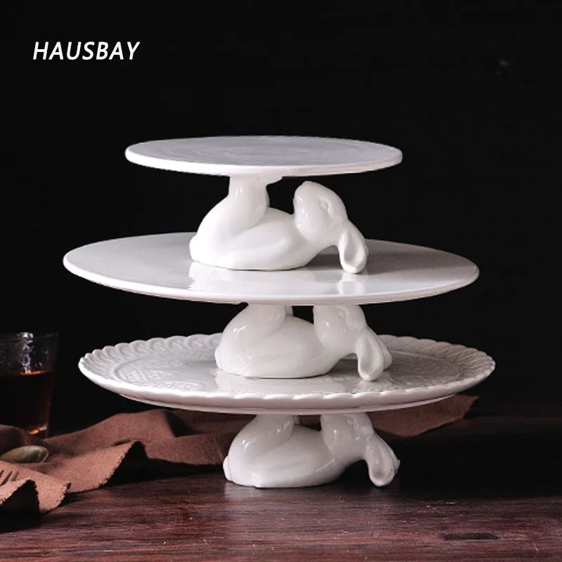 Керамический поднос для торта с милым Кроликом подставка десерта белая