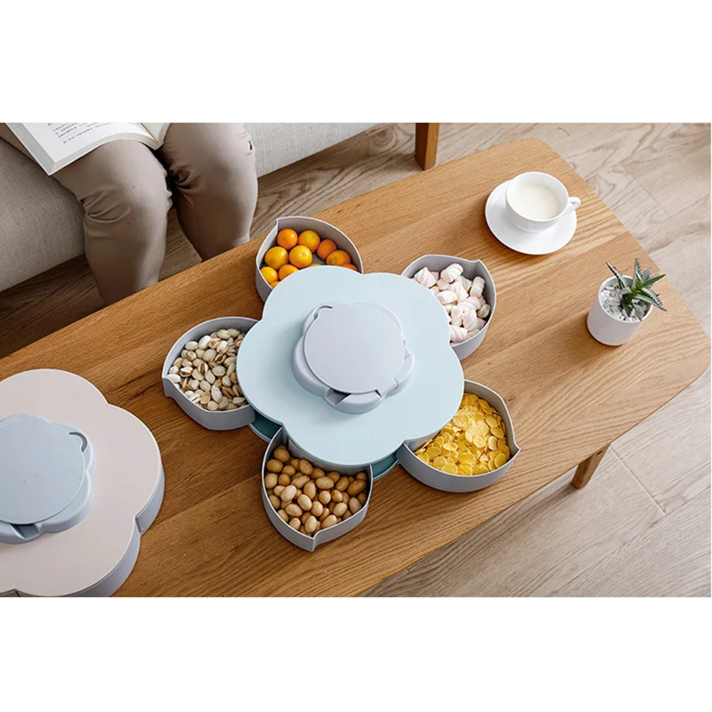 

Newly Funny Petal-Shaped Rotating Snack Serving Tray Sectional Candy Nut Box Snack Tray with Phone Holder XSD88