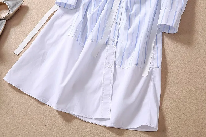 

Long Shirt Dress New 2020 Spring Summer Fashion Style Women Turn-down Collar Striped Print Pleated Fit Long Sleeve Cotton Dress