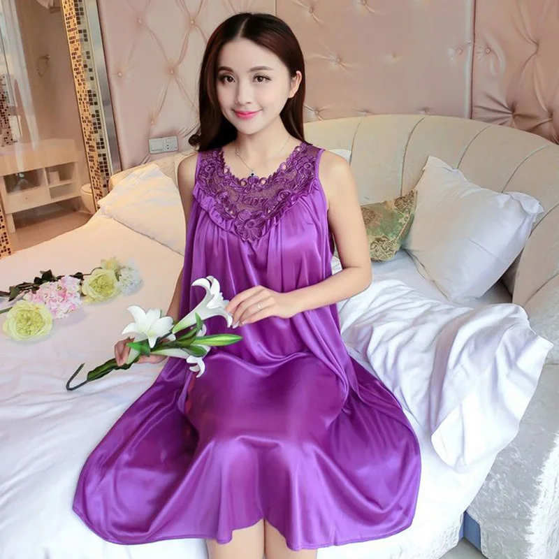 

Lace Patchwork Ice Silk Satin Night Dress Smooth Nightwear Sexy Women Sleepwear Summer Sleeveless Nightgown Vestidos