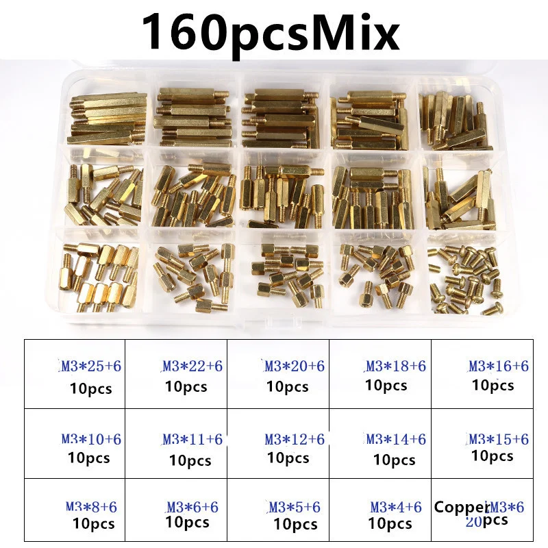 

160Pcs/set M2*L+3mm M2.5/M3*L+6mm Hex Nut Spacing Screw Brass Threaded Pillar PCB Motherboard Standoff Spacer Kit
