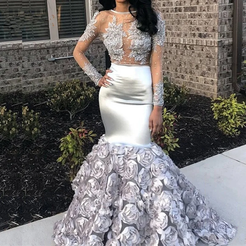 

3D Rose Flower Mermaid Evening Dresses With Full Sleeves Long Lace Beaded Prom Gowns Open Back Sexy Formal Dress Abendkleider
