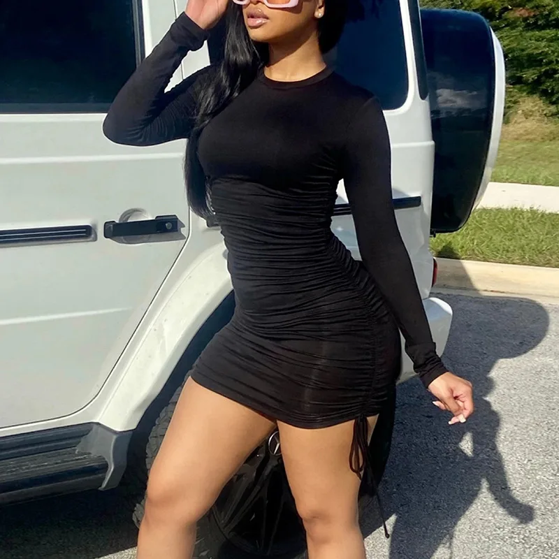 

Womens Casual Long-sleeved Dress Fashion Solid Color Round Neck Drawstring Pleated Slim Fit Short Dresses