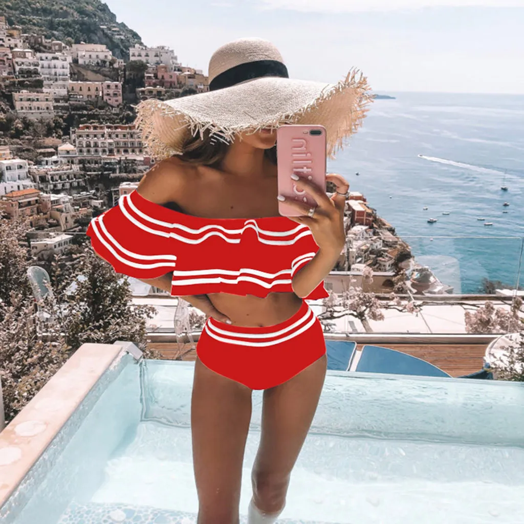 Сексуальный комплект бикини с оборками высокая талия купальник Boho пляжный